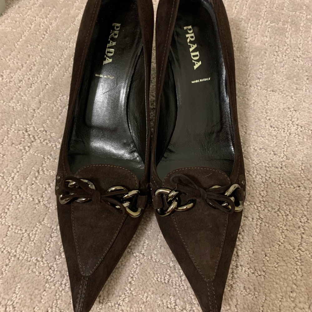 Prada chocolate brown chain pointed toe heel